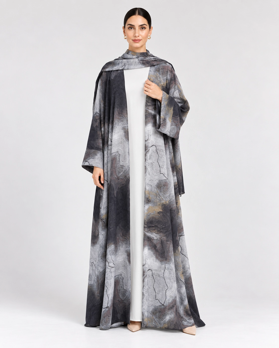 NND26AB062 (1) Neuness Marble Printed Open Front Abaya Grey - Image 1