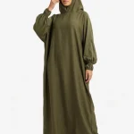 Modest Hooded Prayer Dress for Women – Loose Fit Islamic Salah Abaya with Shirred Sleeve Cuffs | Comfortable Daily Prayer Khimar Dress