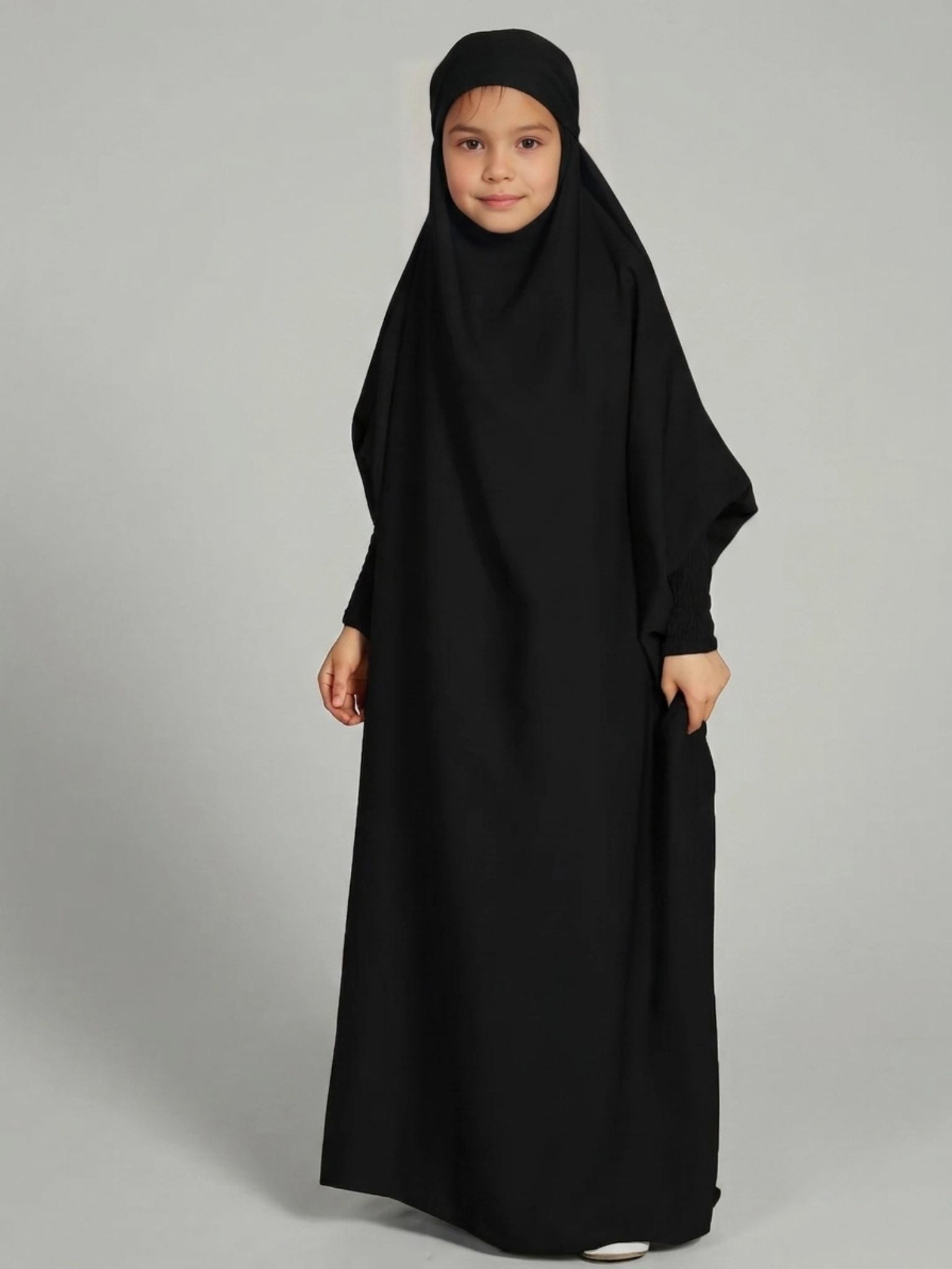 NN26KPC001-Black Neuness Girls One Piece Prayer Dress with Tie-Back Hoodie - Black | Kids Modest Prayer Outfit - Image 1