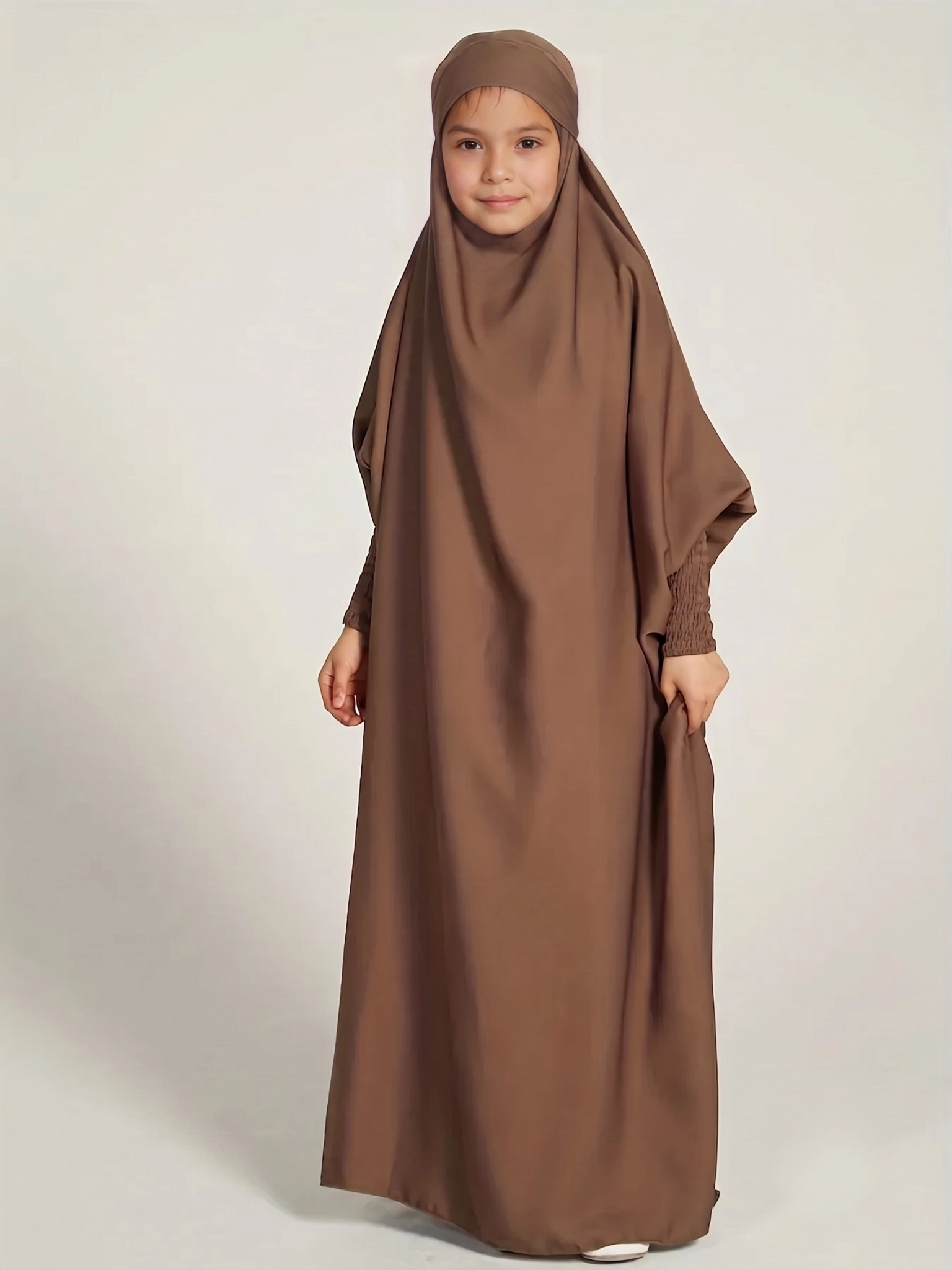 NN26KPC002-Brown Neuness Girls One Piece Prayer Dress with Tie-Back Hoodie - Chocolate Brown | Kids Modest Prayer Outfit - Image 1