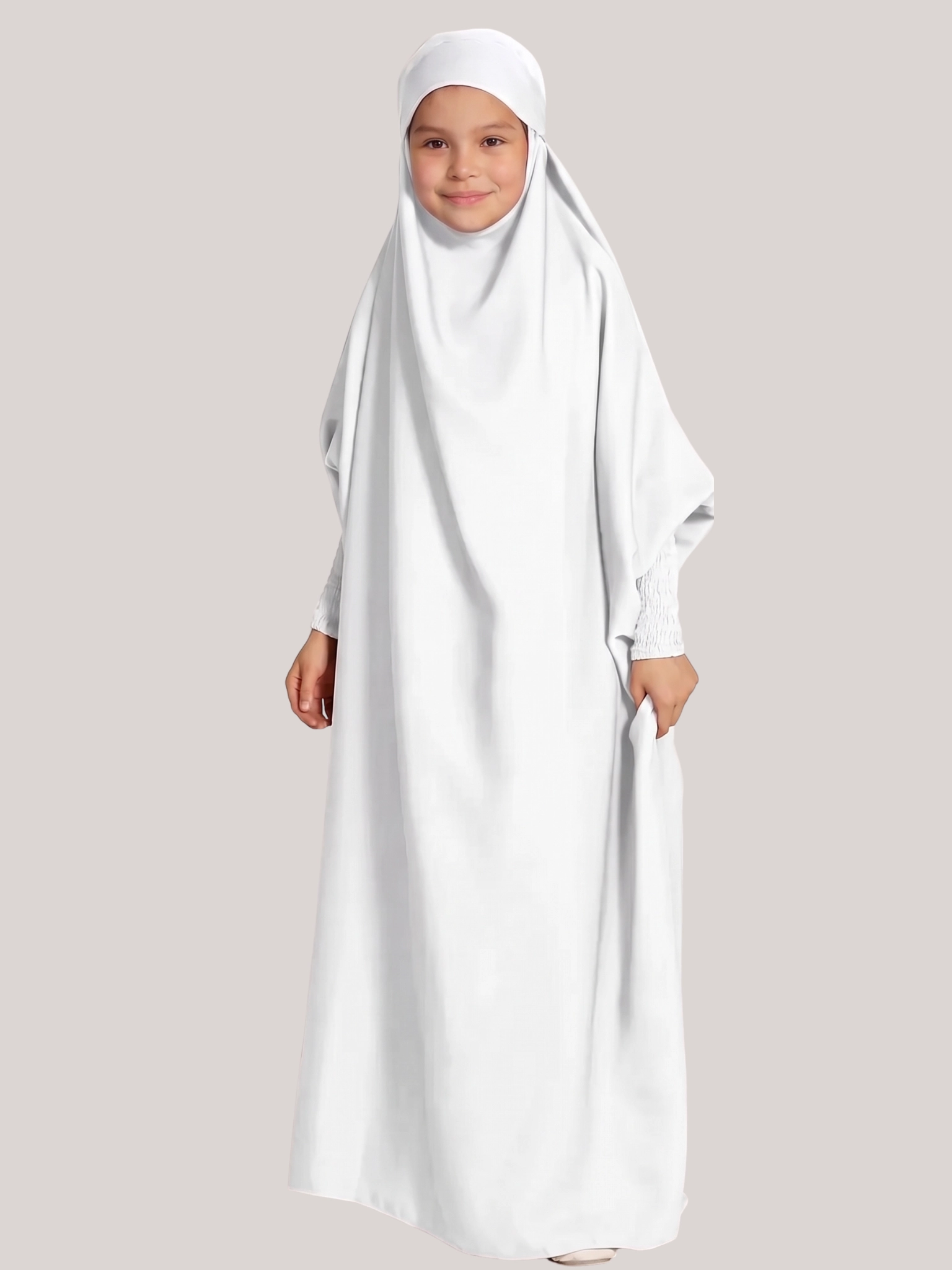 NN26KPC004-White Neuness Girls One Piece Prayer Dress with Tie-Back Hoodie - White | Kids Modest Prayer Outfit - Image 1