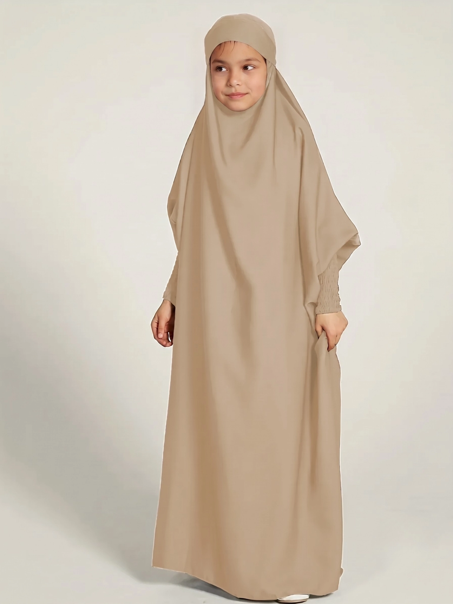 NN26KPC005-Beige Neuness Girls One Piece Prayer Dress with Tie-Back Hoodie - Beige | Kids Modest Prayer Outfit - Image 1