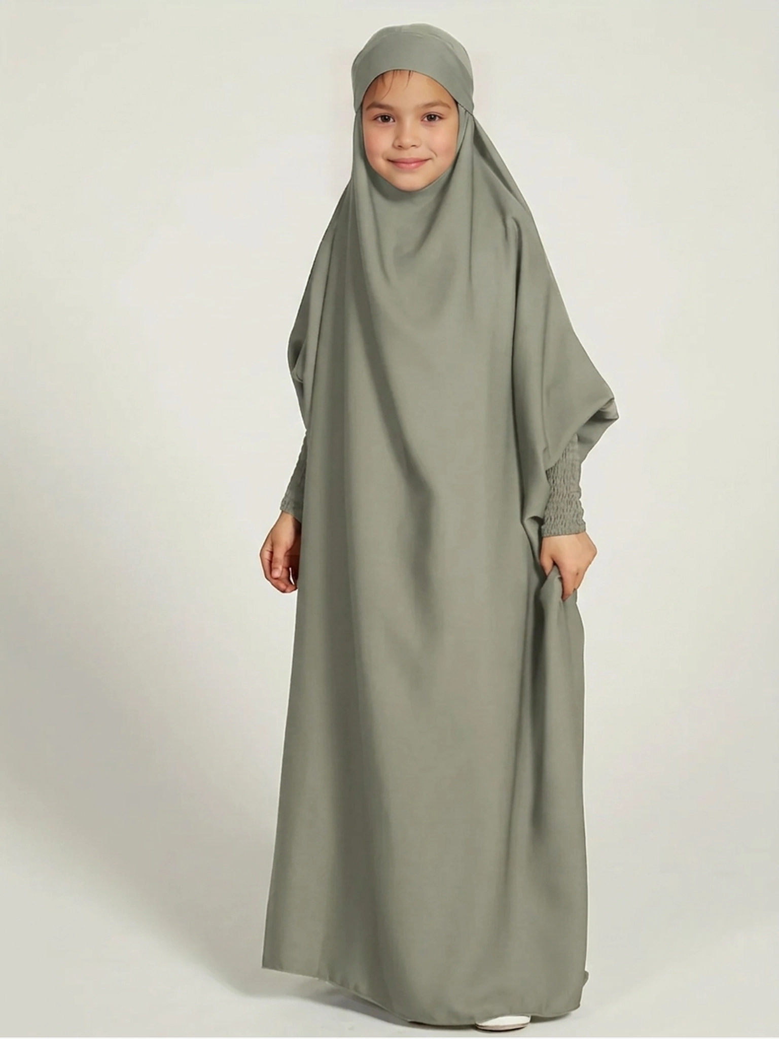 NN26KPC006-Light Green Neuness Girls One Piece Prayer Dress with Tie-Back Hoodie - Light Green | Kids Modest Prayer Outfit - Image 1