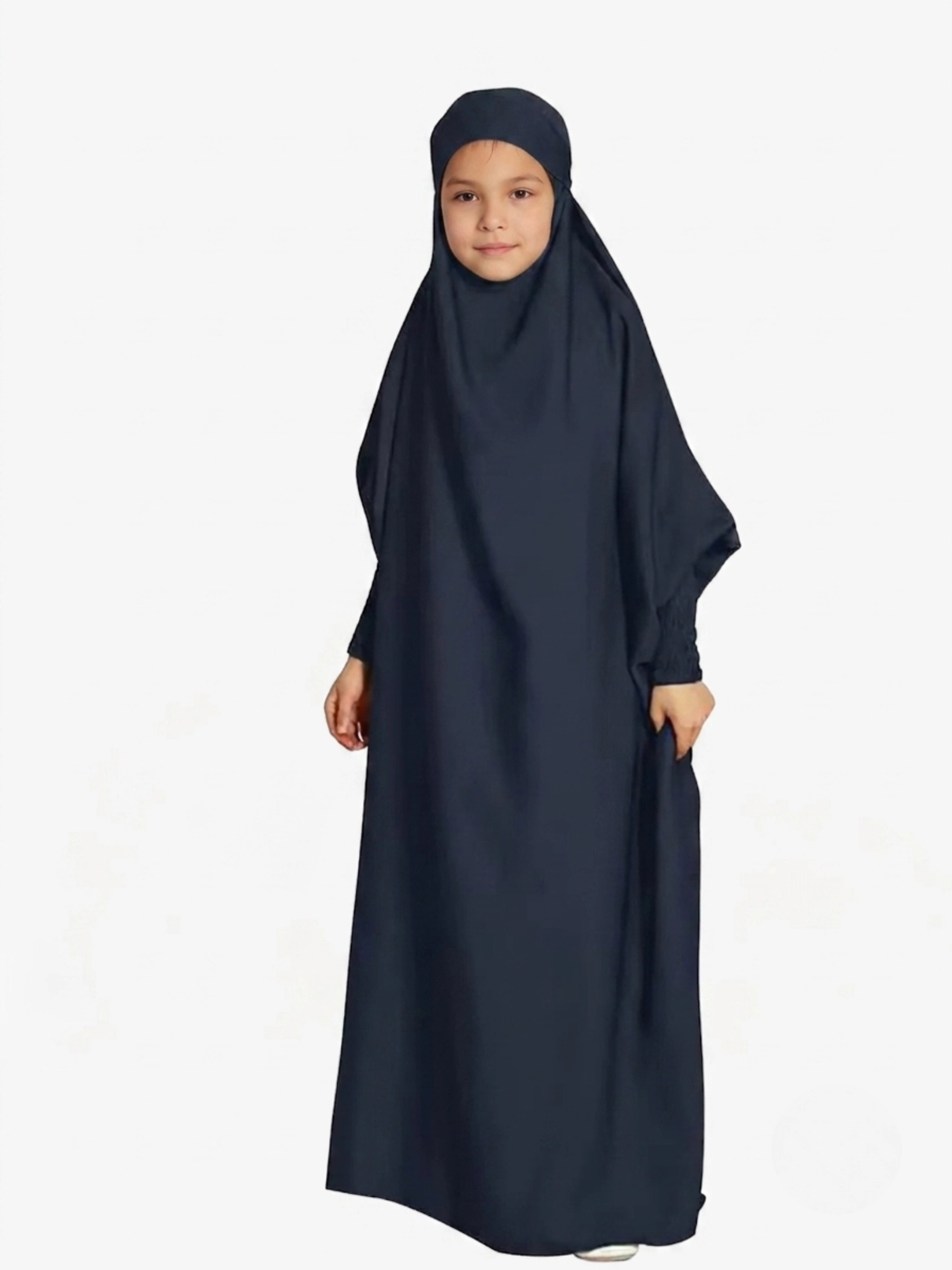 NN26KPC009-Dark Blue Neuness Girls One Piece Prayer Dress with Tie-Back Hoodie - Dark Blue | Kids Modest Prayer Outfit - Image 1