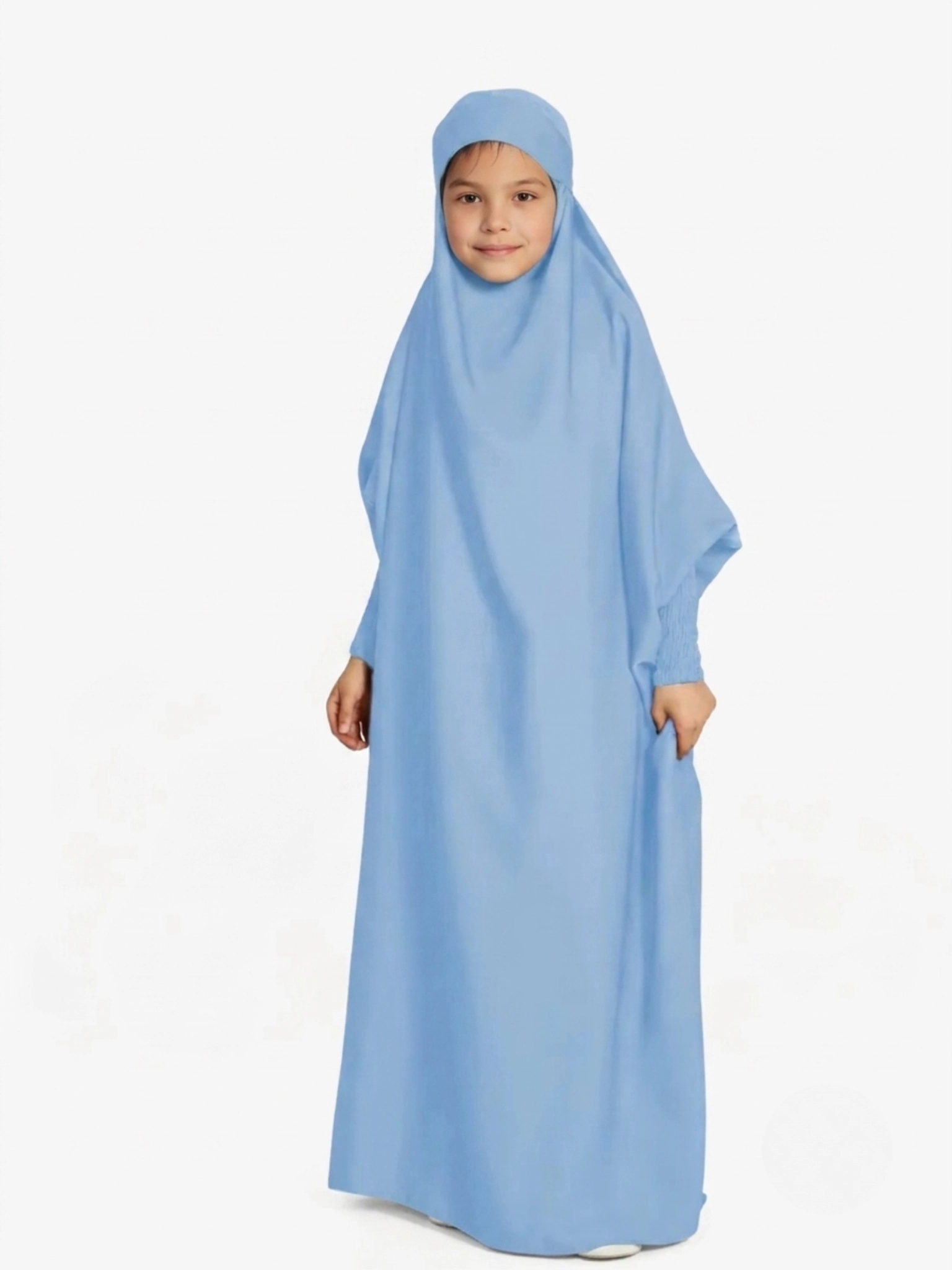 NN26KPC010-Sky Blue Neuness Girls One Piece Prayer Dress with Tie-Back Hoodie - Sky Blue | Kids Modest Prayer Outfit - Image 1