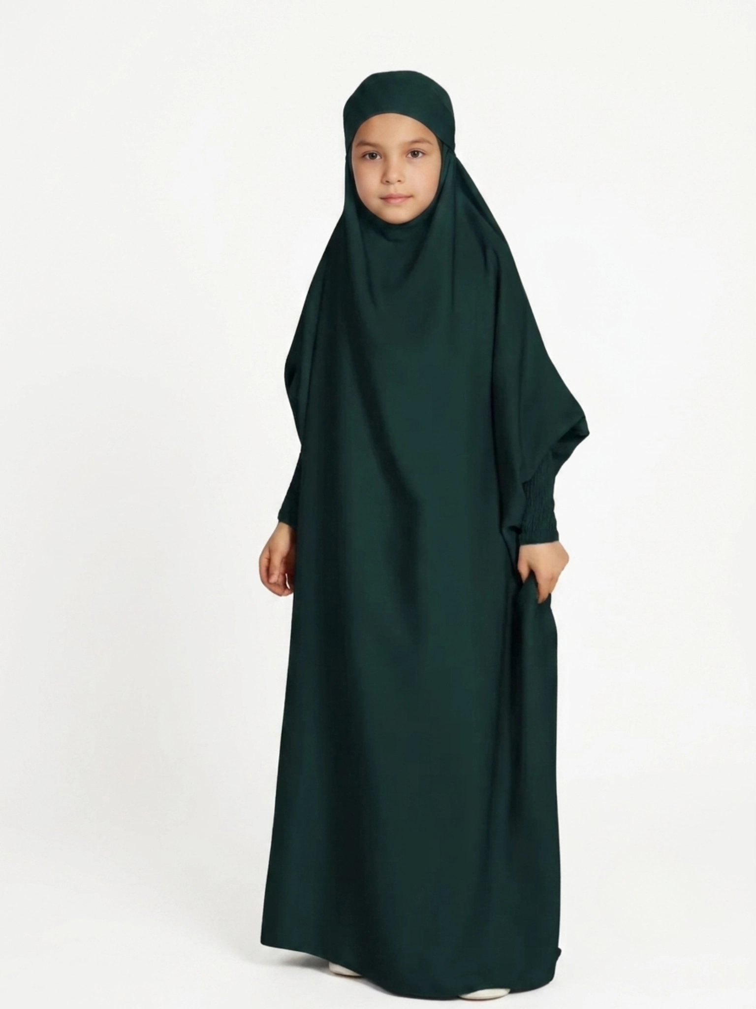 NN26KPC011-Dark Green Neuness Girls One Piece Prayer Dress with Tie-Back Hoodie - Dark Green | Kids Modest Prayer Outfit - Image 1