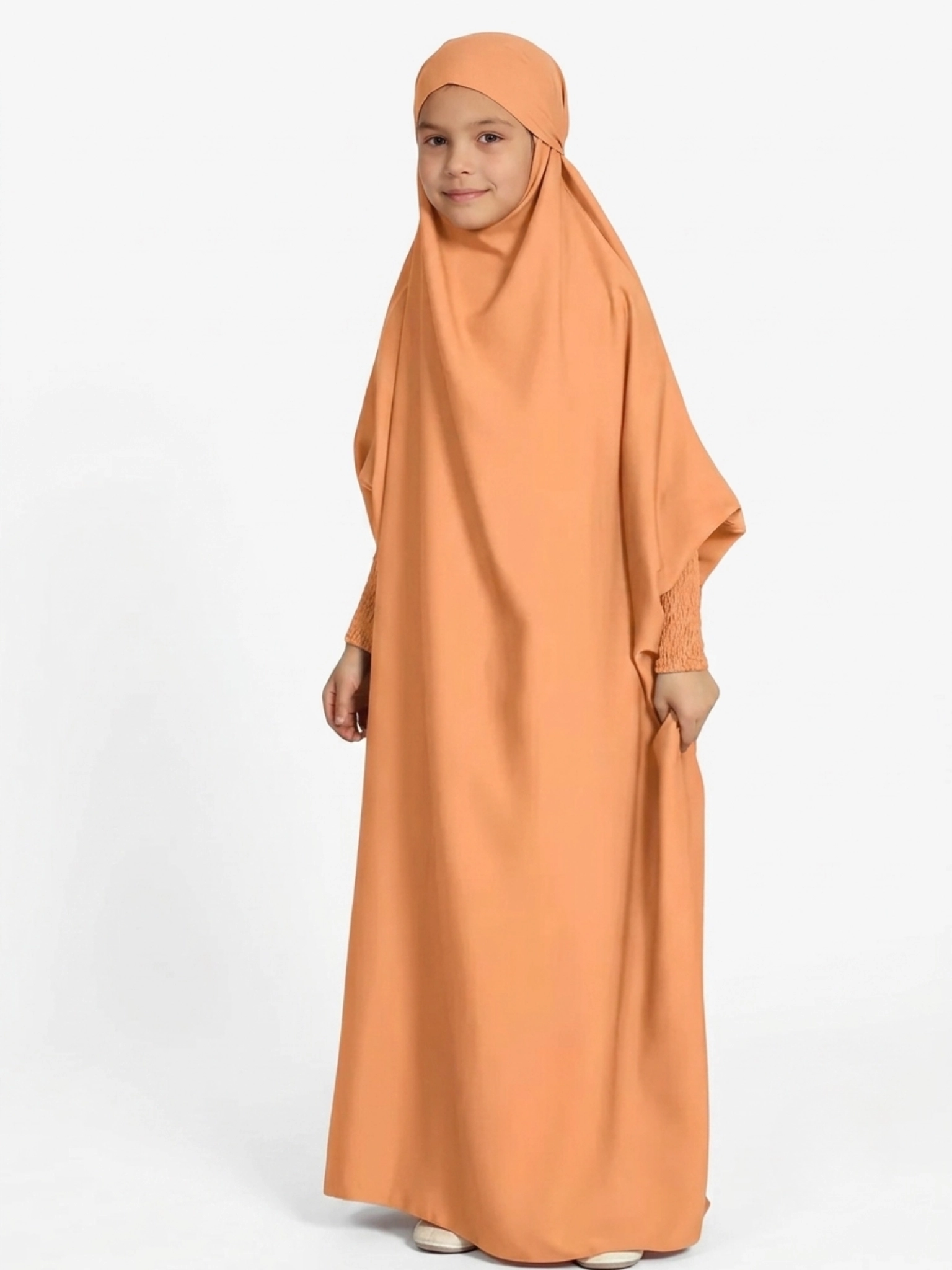 NN26KPC013-Orange Neuness Girls One Piece Prayer Dress with Tie-Back Hoodie - Orange | Kids Modest Prayer Outfit - Image 1