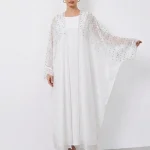 Luxury White Embellished Open Abaya with Inner Dress | Elegant Modest Kaftan Set