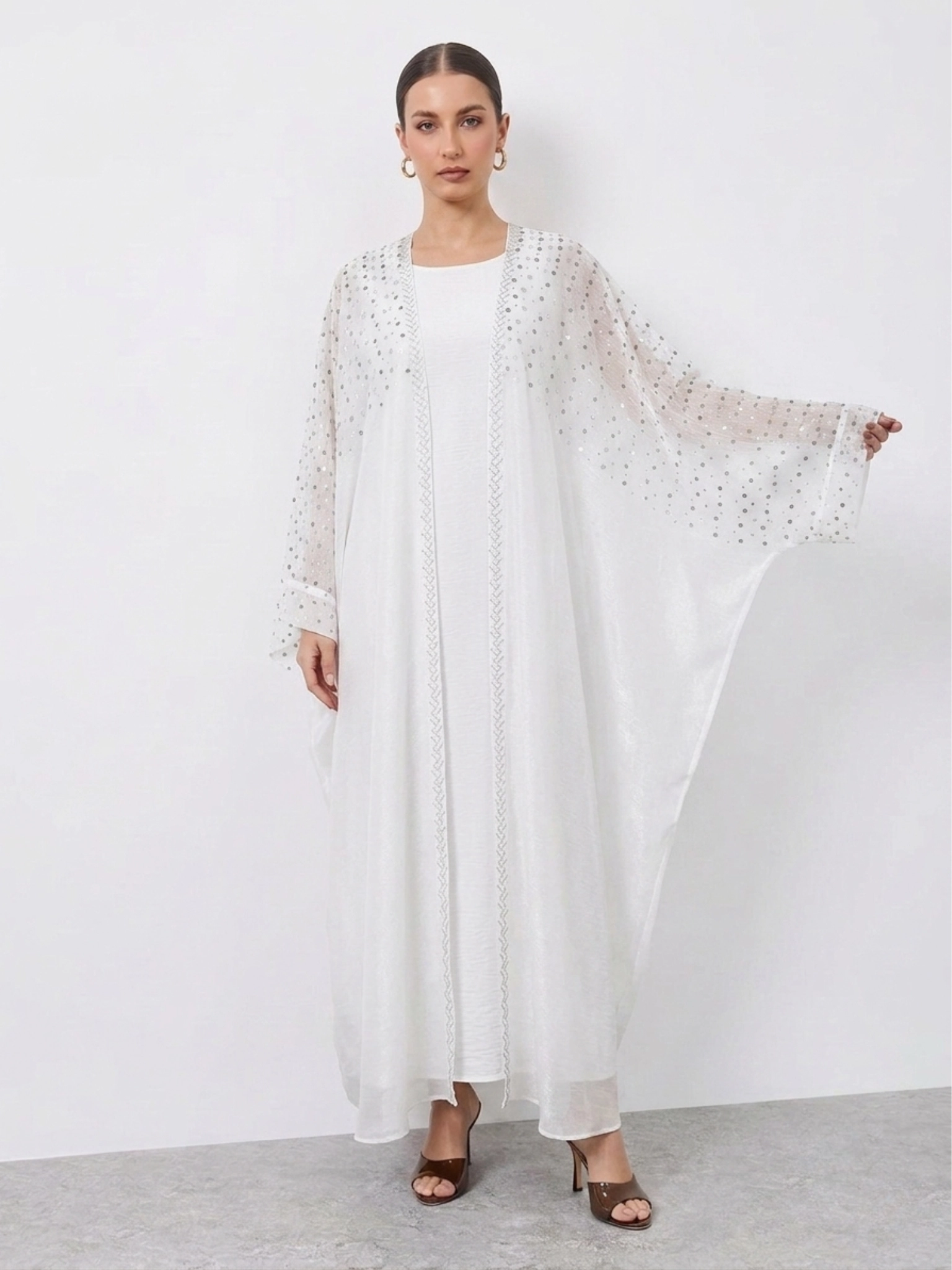 NN27AB001 (1) Luxury White Embellished Open Abaya with Inner Dress | Elegant Modest Kaftan Set - Image 1