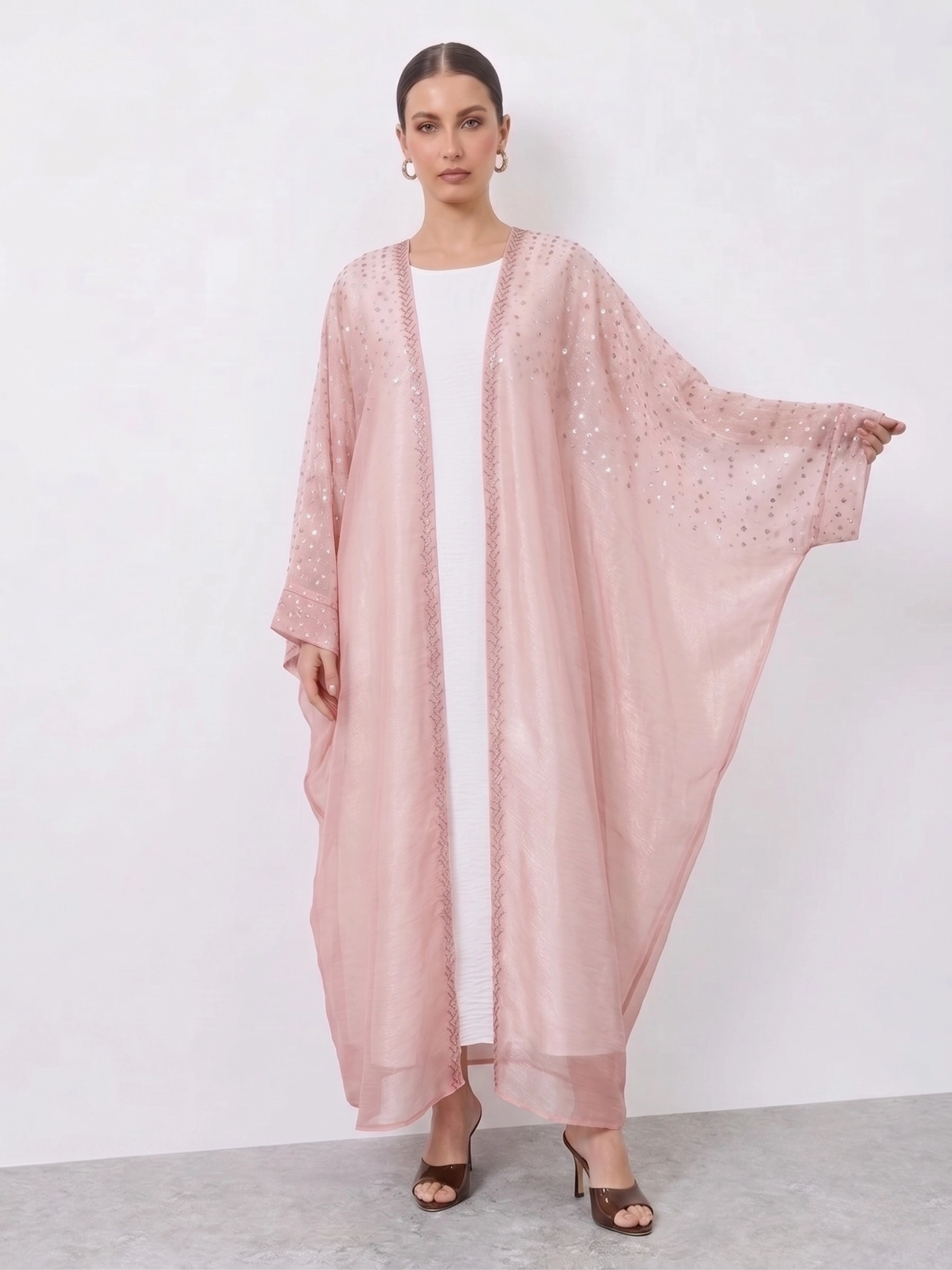 NN27AB002 (1) Luxury Pink Embellished Open Abaya with Inner Dress | Elegant Modest Kaftan Set - Image 1