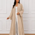 Women’s Beige Open Front Abaya – Elegant Full-Length Modest Kimono Style