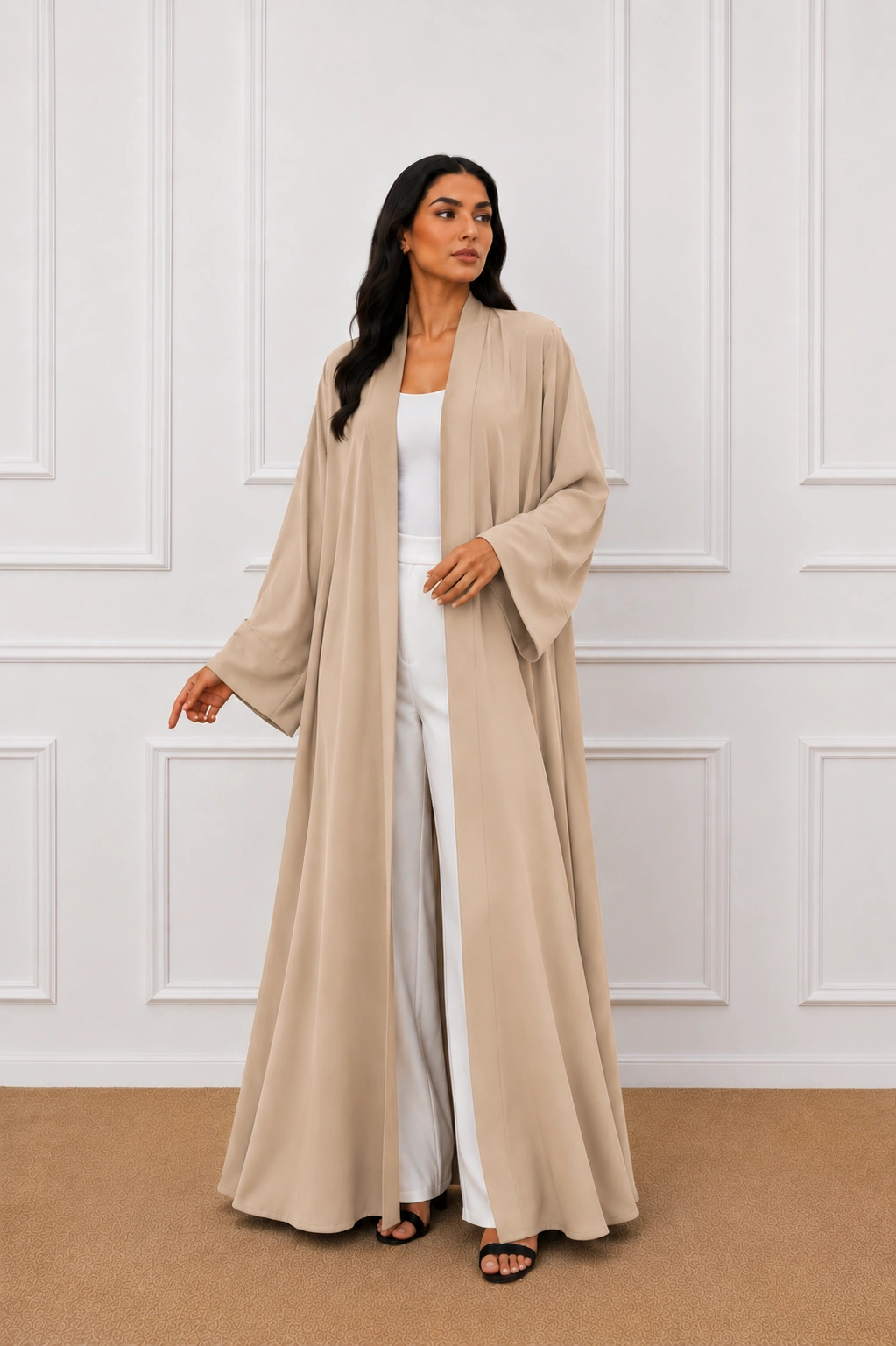 Elegant Beige Kimono Robe Portrait 1 Women’s Beige Open Front Abaya – Elegant Full-Length Modest Kimono Style - Image 1