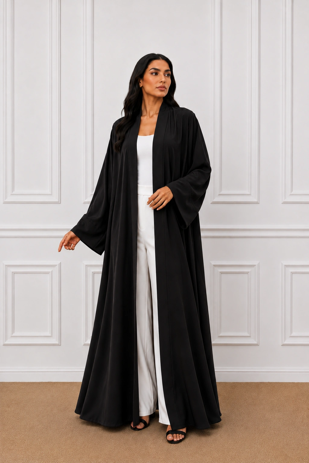 Elegant Black Abaya in a Paneled Room 1 Women’s Black Open Front Abaya – Elegant Full-Length Modest Kimono Style - Image 1