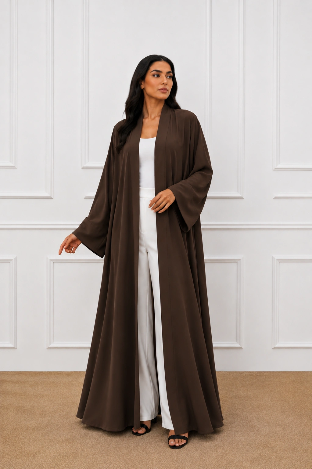 Elegant Brown Abaya Studio Portrait 1 Women’s Brown Open Front Abaya – Elegant Full-Length Modest Kimono Style - Image 1