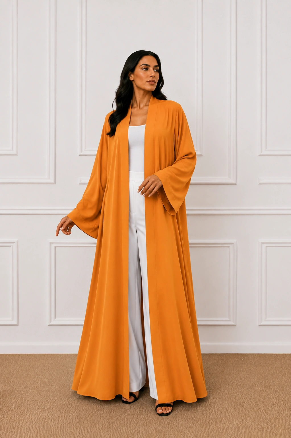 Elegant Orange Abaya in Paneled Interior 1 Women’s Orange Open Front Abaya – Elegant Full-Length Modest Kimono Style - Image 1