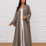 Women’s Taupe Open Front Abaya – Elegant Full-Length Modest Kimono Style