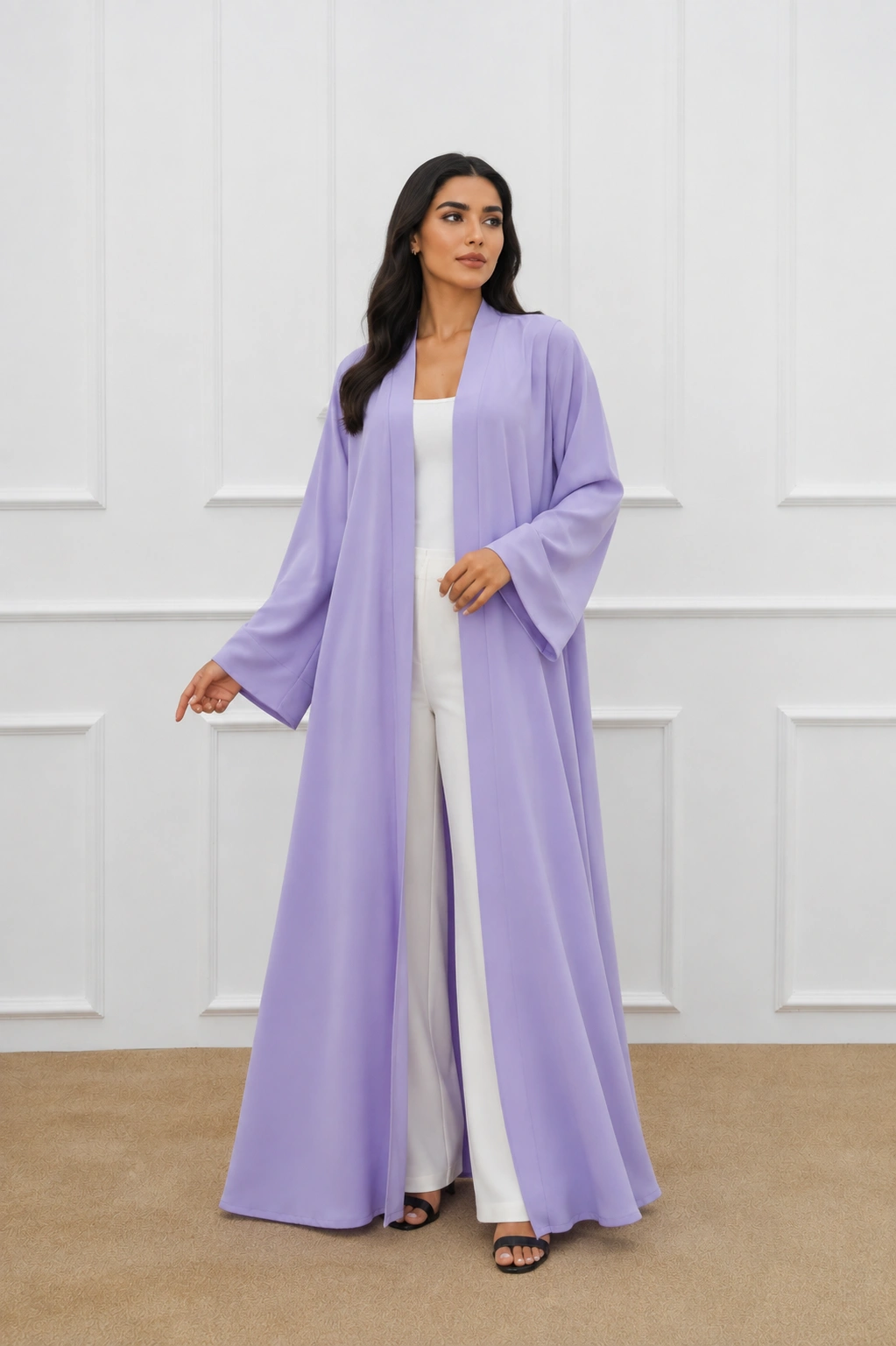 Lavender Elegance in a Classic Interior 1 Women’s Lavender Open Front Abaya – Elegant Full-Length Modest Kimono Style - Image 1
