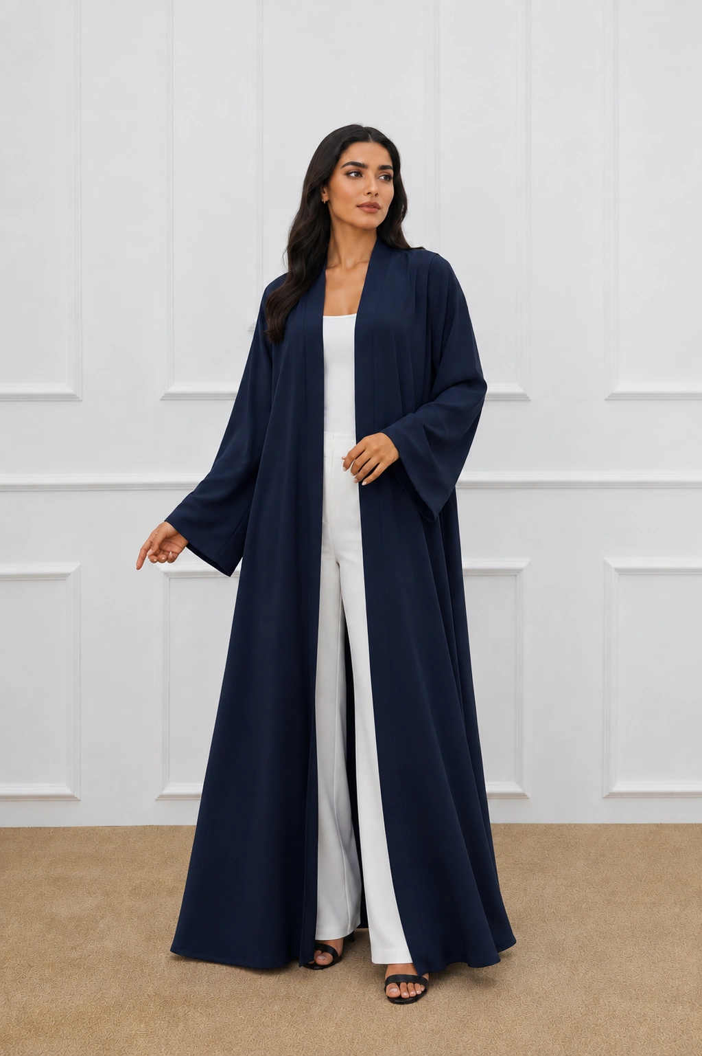Navy Abaya Against a Classic White Wall 1 Women’s Navy Blue Open Front Abaya – Elegant Full-Length Modest Kimono Style - Image 1