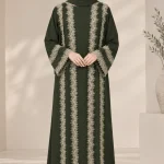 Luxury Lace Abaya for Women – Dark Olive Full-Length Modest Dress with Intricate Lace Detailing