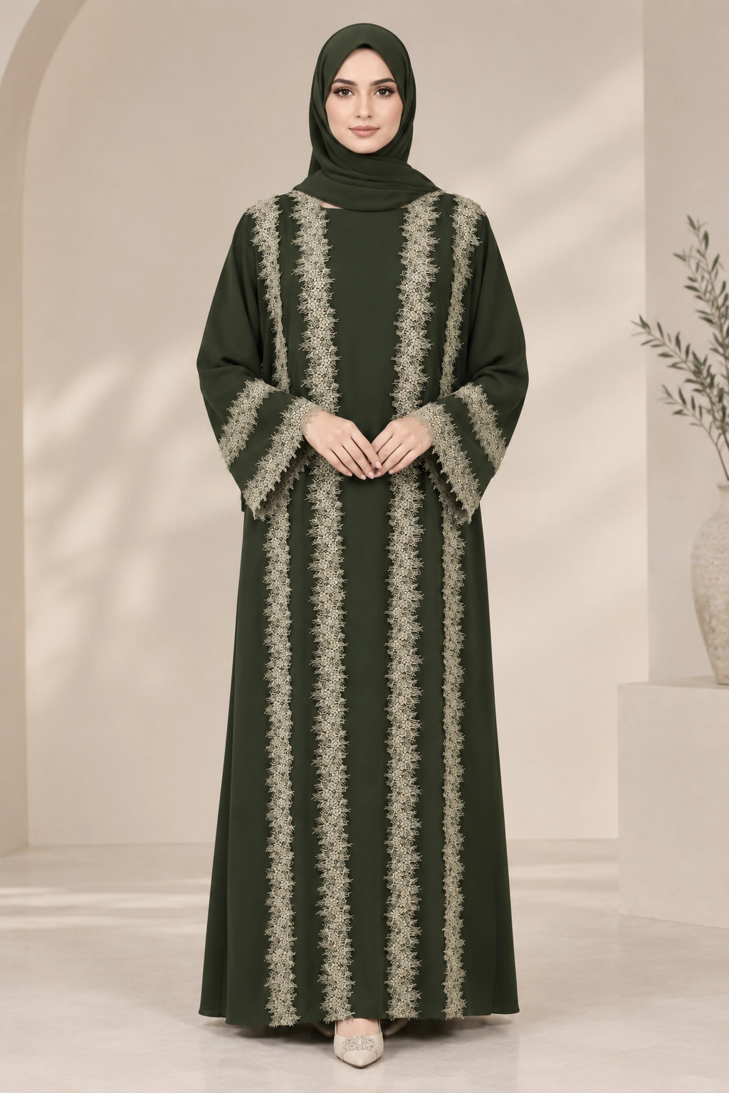 dark-olive-lace-abaya-women-neuness (1) Luxury Lace Abaya for Women – Dark Olive Full-Length Modest Dress with Intricate Lace Detailing - Image 1
