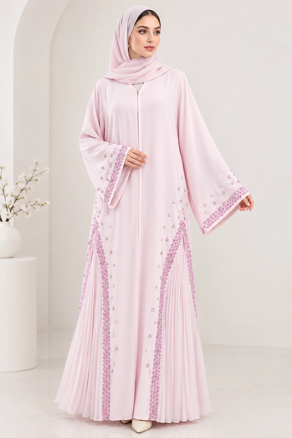 premium-blush-pink-embellished-abaya-women (1) Premium blush pink embellished abaya for women with pleated flare