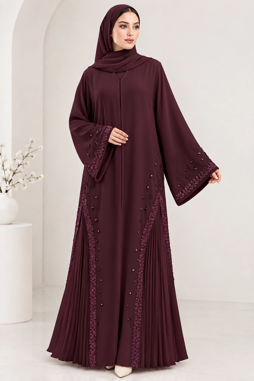 premium-deep-burgundy-embellished-abaya-women (1) Premium Deep Burgundy Embellished Abaya for Women | Elegant Pleated Flare Abaya - Image 1