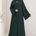Premium Emerald Green Embellished Abaya for Women | Elegant Pleated Flare Abaya