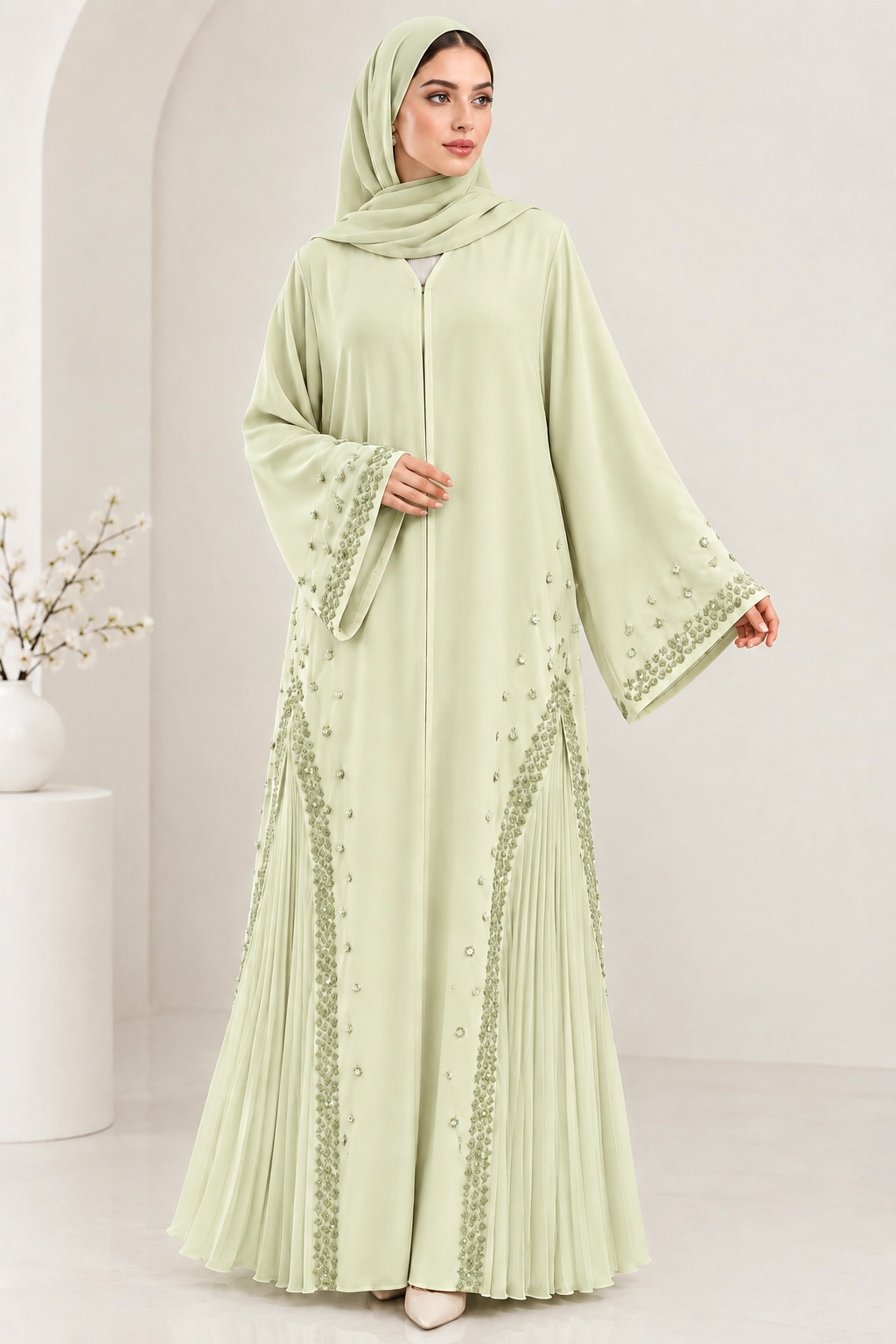 premium-lime-embellished-abaya-women (1) Premium Lime Embellished Abaya for Women | Elegant Pleated Flare Abaya - Image 1