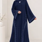 Premium Midnight Navy Blue Embellished Abaya for Women | Elegant Pleated Flare Abaya