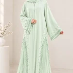 Premium Pastel Green Embellished Abaya for Women | Elegant Pleated Flare Abaya