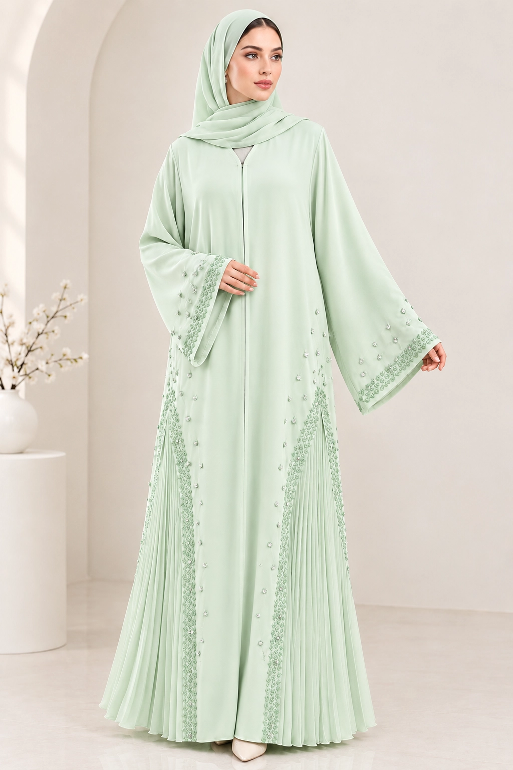 premium-pastel-green-embellished-abaya-women (1) Premium Pastel Green Embellished Abaya for Women | Elegant Pleated Flare Abaya - Image 1