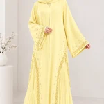 Premium Pastel Yellow Embellished Abaya for Women | Elegant Pleated Flare Abaya