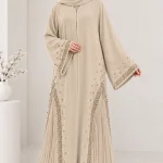 Premium Sand Beige Embellished Abaya for Women | Elegant Pleated Flare Abaya