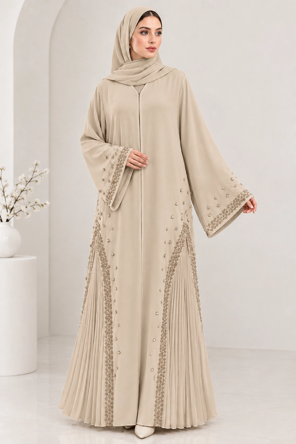 premium-sand-beige-embellished-abaya-women (1) Premium Sand Beige Embellished Abaya for Women | Elegant Pleated Flare Abaya - Image 1