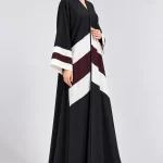 Women's Black Colour Block Abaya with Burgundy & White Geometric Stripes – Elegant V-Neck, Wide Sleeve, Full-Length Modest Dress for Casual, Eid & Occasion Wear