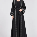 Women's Black Embroidered Open-Front Abaya with Waist Belt – Elegant White Chevron Leaf Design, Wide Sleeves, Full-Length Modest Dress for Eid, Ramadan & Special Occasions