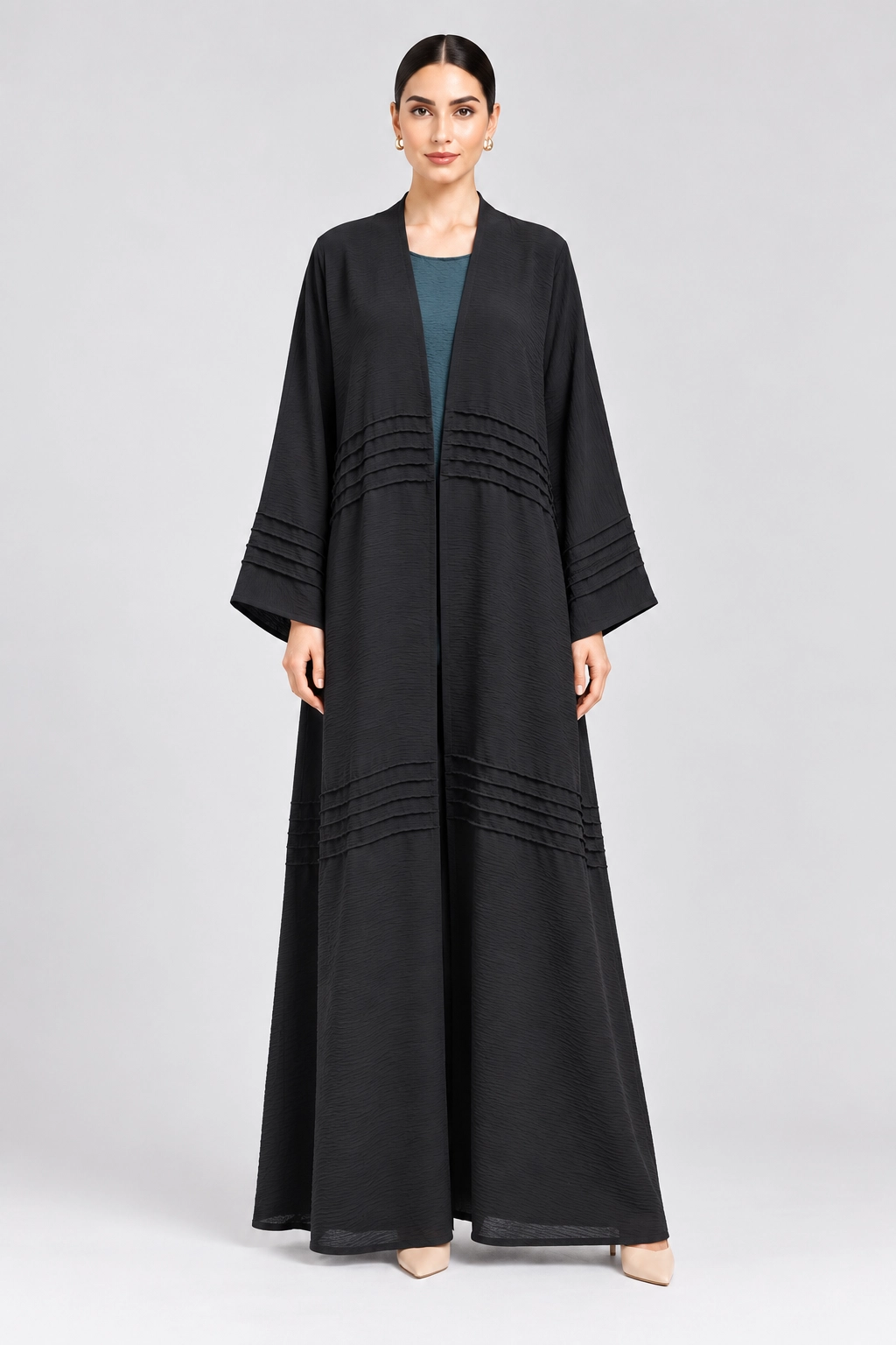 11 (1) Women's 2-Piece Black CEY Abaya Set with Inner Dress – Open Front, Layered Detailing, Wide Sleeves & Elegant Maxi Design - Image 1