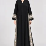 Women's Black Geometric Pattern Abaya – Elegant Gold, Beige & Ivory Chevron Side Panels, V-Neck, Wide Sleeves, Full-Length Modest Maxi Dress for Eid, Ramadan & Occasion Wear