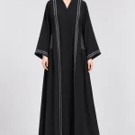 Women's Black Abaya with White Zigzag Embroidery-Style Detailing – Elegant V-Neck, Wide Sleeves, Pleated Side Panels, Full-Length Modest Maxi Dress for Eid, Ramadan & Everyday Wear