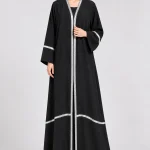 Women's Elegant Black Open-Front Abaya with Silver Decorative Trim – Stylish V-Neck, Wide Sleeves, Contrasting Hemline Borders, Full-Length Modest Outerwear for Eid, Ramadan & Special Occasions