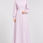 Women's Elegant Pastel Lilac Maxi Dress – Long Puff Sleeves, Round Neck, Defined Waist, Textured A-Line Full-Length Modest Dress for Eid, Ramadan, Parties & Special Occasions