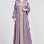 Women's Elegant Dusty Lavender Satin-Look Open-Front Abaya – Luxurious Shimmer Finish, Wide Kimono Sleeves, Full-Length Flowing Modest Outerwear for Eid, Ramadan, Evening Parties & Special Occasions