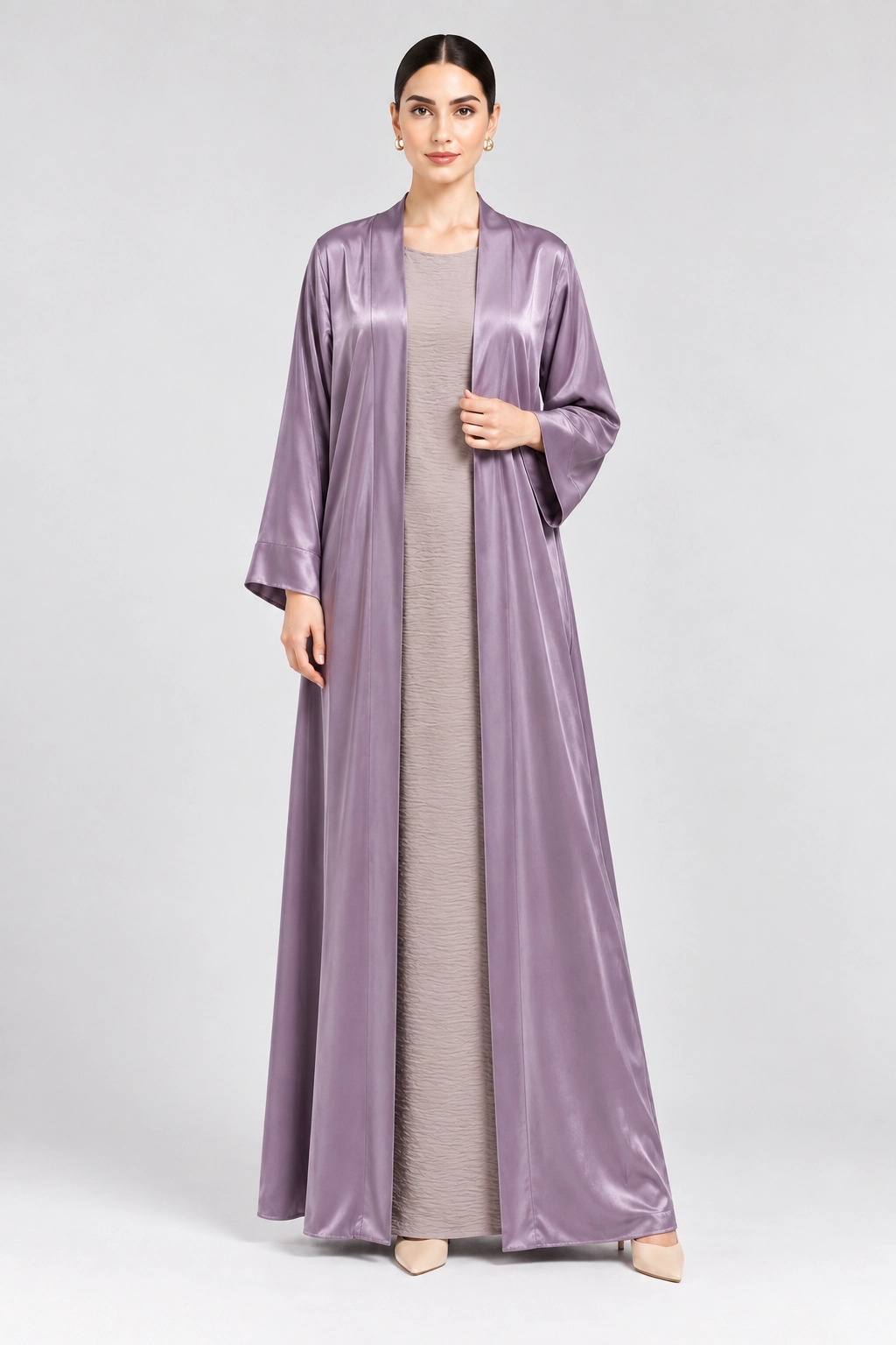 19 (1) Women's Elegant Dusty Lavender Satin-Look Open-Front Abaya – Luxurious Shimmer Finish, Wide Kimono Sleeves, Full-Length Flowing Modest Outerwear for Eid, Ramadan, Evening Parties & Special Occasions - Image 1