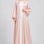 Women's Elegant Blush Pink Satin-Look Open-Front Abaya – Soft Shimmer Finish, Gathered Balloon Sleeves, Full-Length Flowing Modest Kimono Outerwear for Eid, Ramadan, Evening Parties & Special Occasions