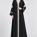 Women's Elegant Black Geometric Pattern Abaya with Champagne Beige Chevron Detailing – V-Neck, Wide Sleeves, Decorative Back Panels, Full-Length Modest Dress for Eid, Ramadan & Special Occasions