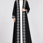 Women's Black Floral Embroidered-Style Open-Front Abaya – Elegant White Ornamental Design, Wide Sleeves, Full-Length Modest Outerwear for Eid, Ramadan & Special Occasions