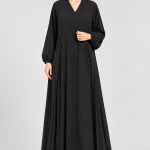 Women's Elegant Black Pleated Abaya – V-Neck, Gathered Balloon Sleeves, Flowing Side Pleats, Full-Length Loose Fit Modest Maxi Dress for Eid, Ramadan, Casual & Everyday Wear