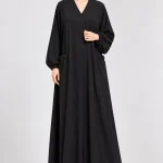 Women's Elegant Black Abaya with Gathered Front Pockets – V-Neck, Balloon Sleeves, Elasticated Cuffs, Full-Length Loose Fit Modest Maxi Dress for Casual, Office, Eid & Everyday Wear