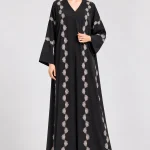 Women's Elegant Black Floral Pattern Abaya – Champagne Beige Daisy-Inspired Detailing, V-Neck, Wide Sleeves, Full-Length Flowing Modest Maxi Dress for Eid, Ramadan & Special Occasions