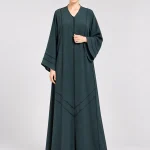 Women's Elegant Dark Teal Green Abaya – V-Neck, Wide Kimono Sleeves, Contrast Piping Detail, Chevron Panel Design, Full-Length Flowing Modest Maxi Dress for Eid, Ramadan & Everyday Wear
